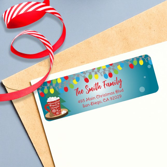 Etiqueta String Lights Red Mug Winter Christmas Address (Criador carregado)