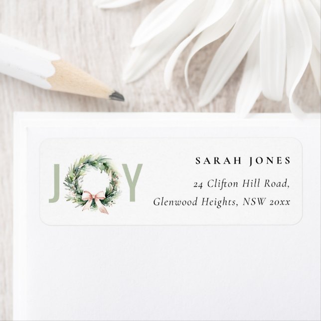 Etiqueta Suave Joy Blush Green Christmas Wreath Address (Insitu)