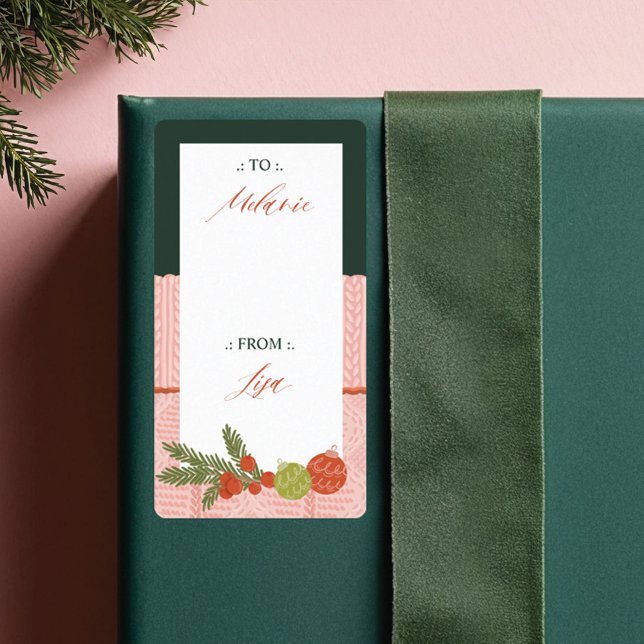 Etiqueta Suéter Rosa Quente E Cozente Quente Para Férias (Cozy & Warm Knitted Pink Sweater To From Holiday Label)