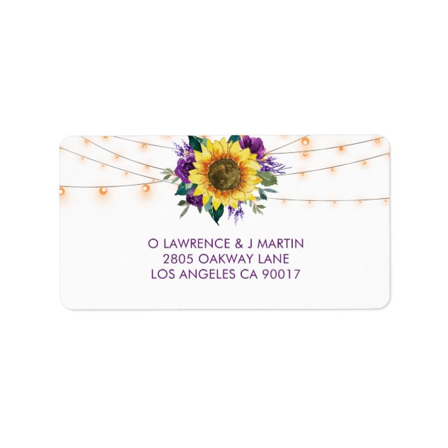Etiqueta Sunflower String Light Purple Weding Endereço RSVP (Frente)