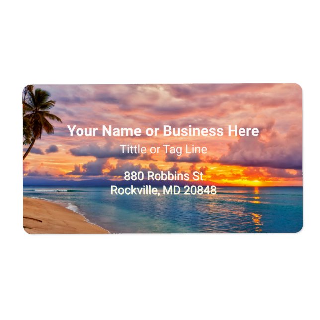 Etiqueta Sunrise Beach e Palm Trees Tropicais (Frente)
