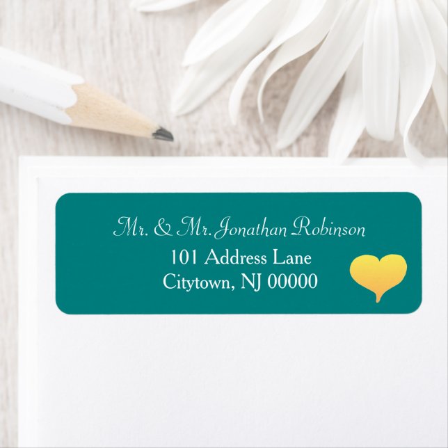 Etiqueta Sunset Heart Teal Green White Wedding (Insitu)