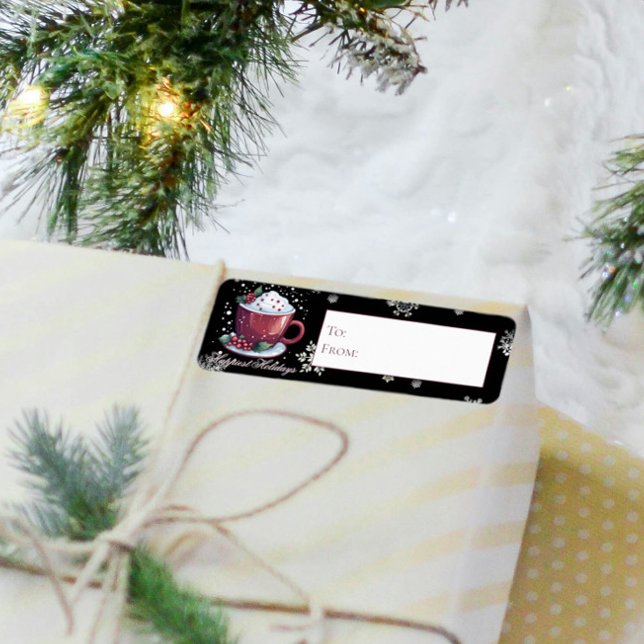 Etiqueta Taça de Natal de Chocolate Quente | Presente Preto (Christmas Cup of Chocolate Gift Label)