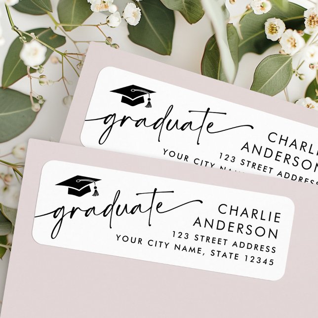 Etiqueta Tampa de formatura de graduado endereço de devoluç (Graduate graduation cap white return address label)