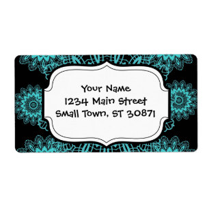 Etiqueta Teal Blue e Black Doily Lace Snowflake Mandala