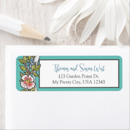 Etiqueta Teal Floral Foliage Return Endereço 2 Line Wedding