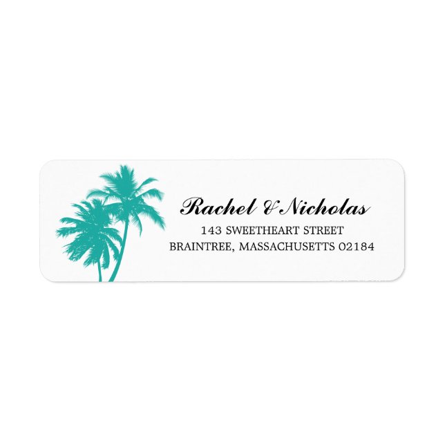 Etiqueta Teal Green Palm Tree Wedding Endereço de Devolução (Frente)