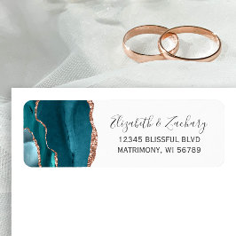Etiqueta Teal Rose Gold Agate Wedding Return Address