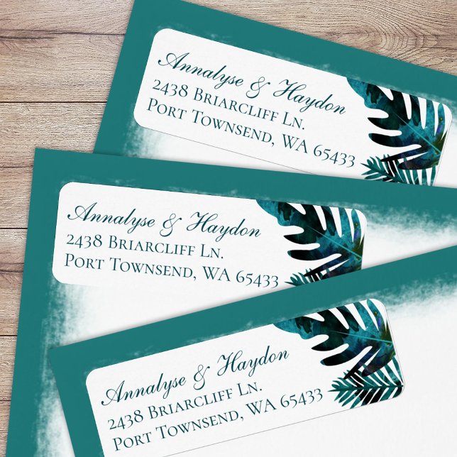 Etiqueta Teal Tropical Sai do Endereço de Devolução de Casa (tropical teal green, turquoise island palm leaves, fern leaf, monstera return address labels)