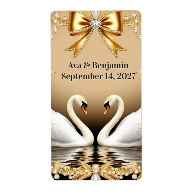 Etiqueta Tema de Casamento Cisne Dourado Romântico 💍 (Frente)