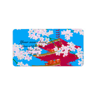 Etiqueta Templo japonês com flor de cereja