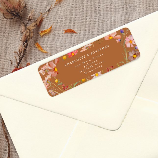 Etiqueta Terracotta Boho Fall Casamento Floral (Terracotta burnt orange Wildflower rustic fall Wedding return address label watercolor florals)
