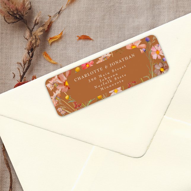 Etiqueta Terracotta Burnt Orange Boho Fall Casamento Floral (Terracotta burnt orange elegant boho floral fall wedding return address label watercolor wildflowers)