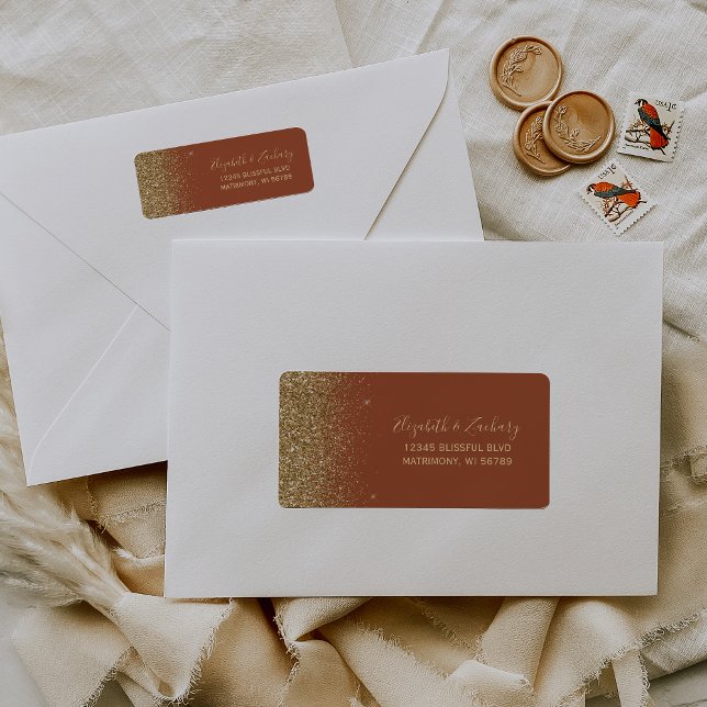 Etiqueta Terracotta Dourado Glitter Wedding Endereço de Ret (Criador carregado)
