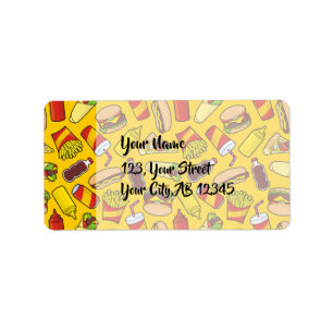 Etiqueta Teste padrão colorido dos ícones do fast food