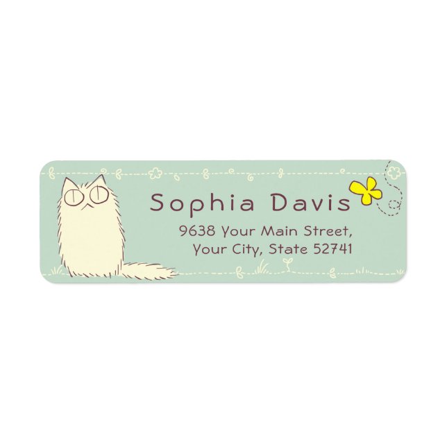 Etiqueta Texto personalizado Fluffy Cat e Yellow Butterfly (Frente)
