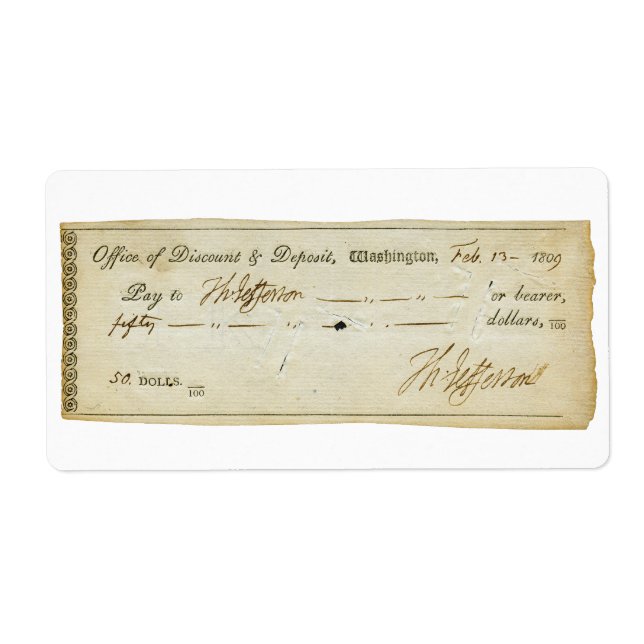 Etiqueta Thomas Jefferson Signature on Bank Check 1809 (Frente)