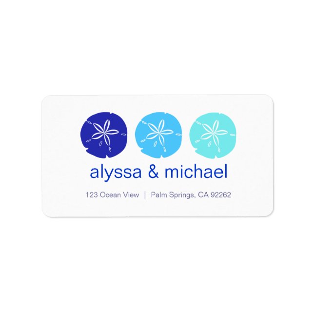 Etiqueta ThreeBlueSandDollars, alyssa & michael, 123 Oce... (Frente)