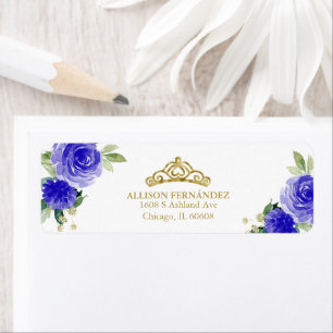 Etiqueta Tiara de Quinceanera Dourada Floral Azul Real