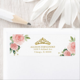 Etiqueta Tiara de Quinceanera Dourada Rosa Bege Floral Labe