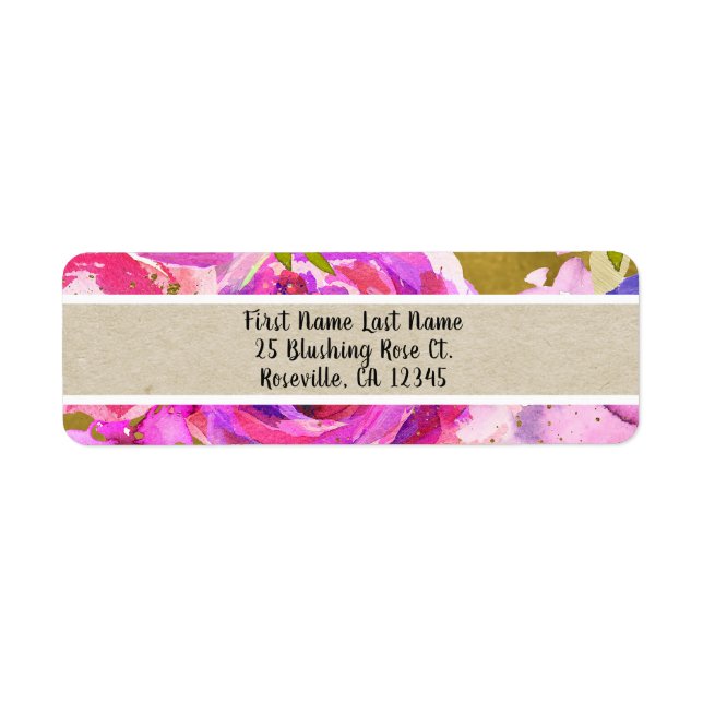 Etiqueta Toques de Rosa Roxo Dourado Floral Moderno Chique (Frente)