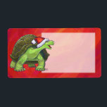 Etiqueta Tortoise Christmas On Red<br><div class="desc">A tartaruga festiva de Parada Animal em Santa Hat em presentes e acessórios de Natal Vermelho apresenta nossa trabalho de arte divertida de uma tartaruga fofa decolada para as férias em um chapéu vermelho de Papai Noel contra um fundo vermelho texturizado. Na parte de trás de muitos desses presentes animados...</div>