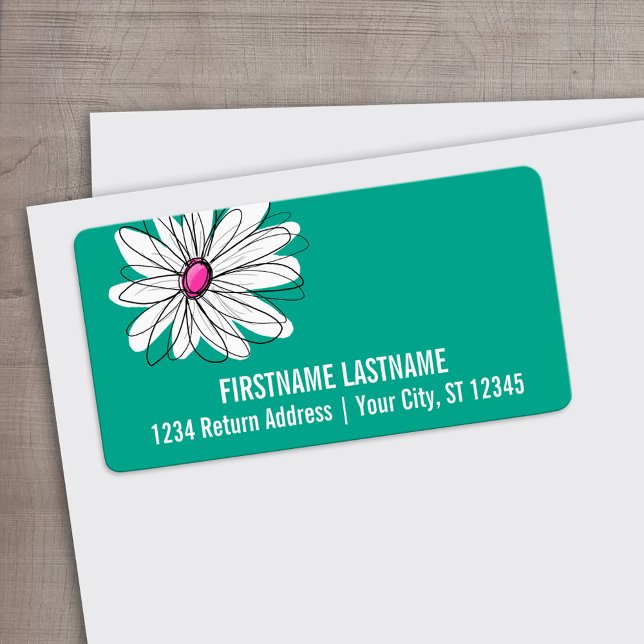 Etiqueta Trendy Floral Daisy Illustration - Rosa e Verde (Custom Address Label)