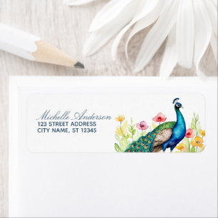 Etiqueta Trendy Watercolor Peacock Flowers Endereço de Devo