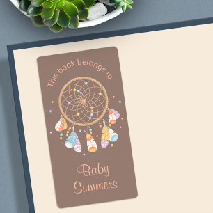 Etiqueta Tribal Dreamcatcher Boho Baby Bookplate Brown