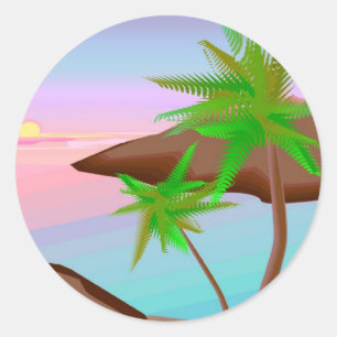 Etiqueta tropical do por do sol da ilha