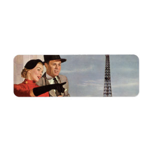 Etiqueta Turistas do vintage que viajam na torre Eiffel de