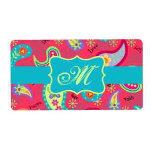Etiqueta Turquesa Vermelha Moderna Paisley Pattern Monogram