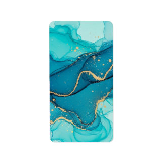 Etiqueta Turquoise and Teal Alcohol Ink Abstract with Gold 