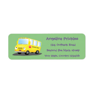 Etiqueta Um desenho animado de ônibus escolar amarelo boni