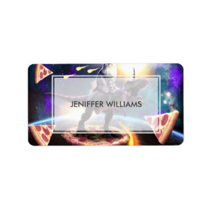 Etiqueta Um gato dirigindo unicórnio de dinossauro no espaç