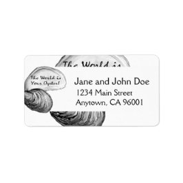 Etiqueta Uma casca de ostras com o ditado "o mundo é seu