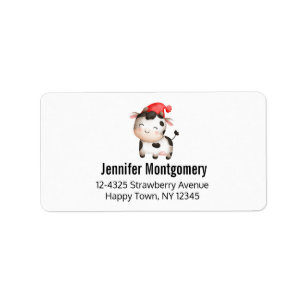 Etiqueta Vaca feliz em um chapéu vermelho