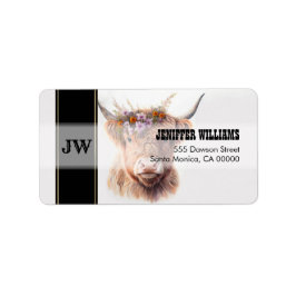 Etiqueta Vaca Highland com Aquarela Floral Crown Illustra