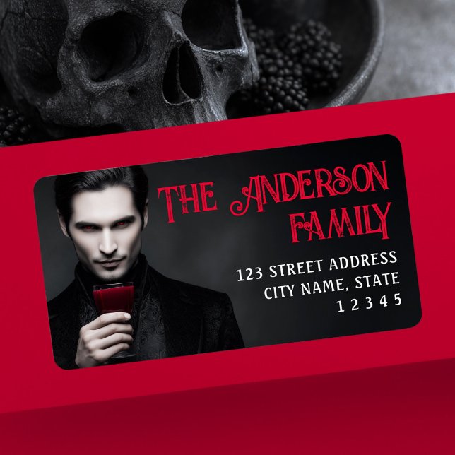 Etiqueta Vampiro bebendo sangue Halloween endereço de devol (Vampire drinking blood Halloween return address Label)