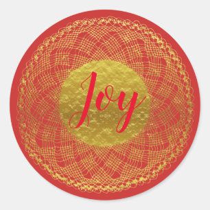 Etiqueta vermelha da alegria do Doily Dourado do