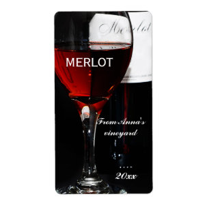 Etiqueta Vidro de vinho tinto e garrafa do Merlot