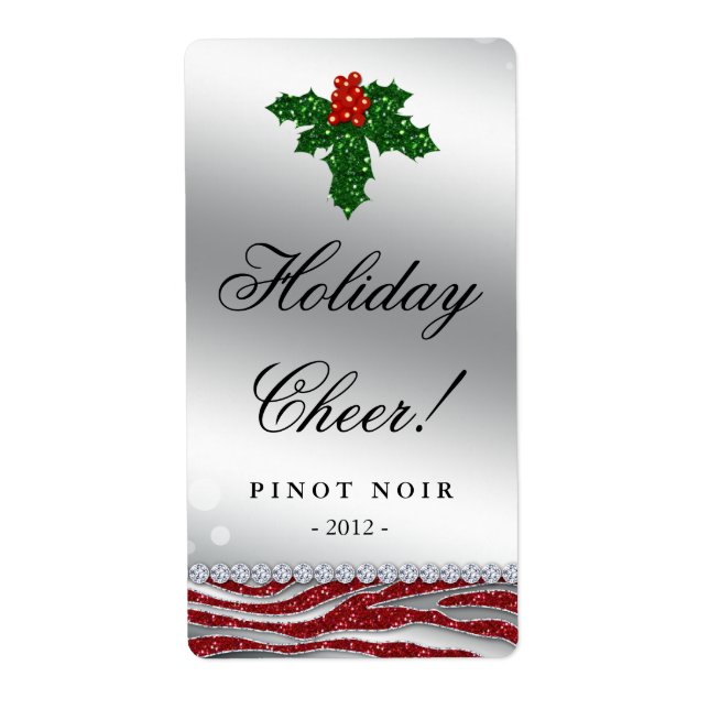 Etiqueta Vinho de Natal Holly Glitter Zebra Red (Frente)