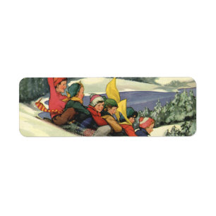 Etiqueta Vintage Christmas, Children Sledding on a Mountain