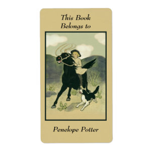 Etiqueta Vintage CowGirl on Horse with Dog Bookplate