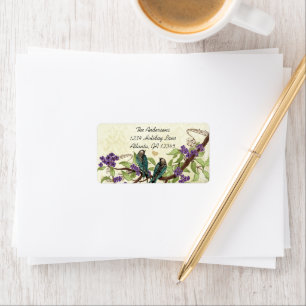 Etiqueta Vintage Damask Teal Bird Purple Flowering Branch