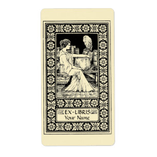 Etiqueta Vintage Ex Libris Girl, Caneta, Livros e Modelo