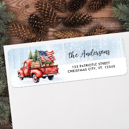 Etiqueta Vintage Red Truck Patriotic Flag Endereço de Natal