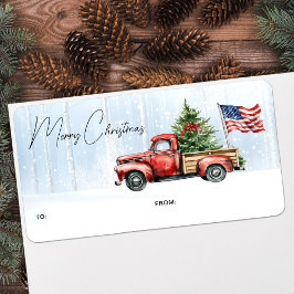 Etiqueta Vintage Red Truck Patriotic Merry Christmas Gift