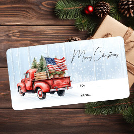 Etiqueta Vintage Red Truck Patriotic Merry Christmas Gift