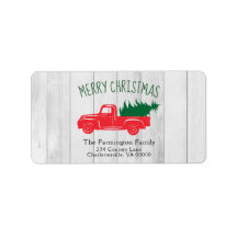 Vintage Red Truck & Tree White Wood Tag